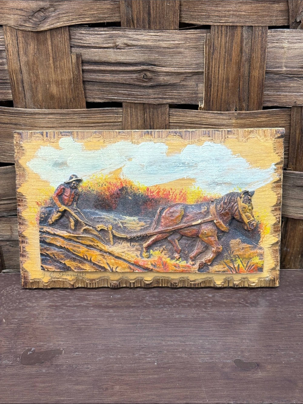 Rustic Brown Horse and Plow Relief Wall Carved Wood Folk Art
